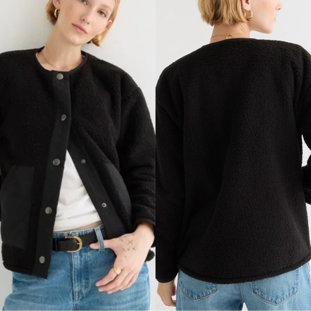 J.CREW Teddy Sherpa Snap Black Jacket Coat